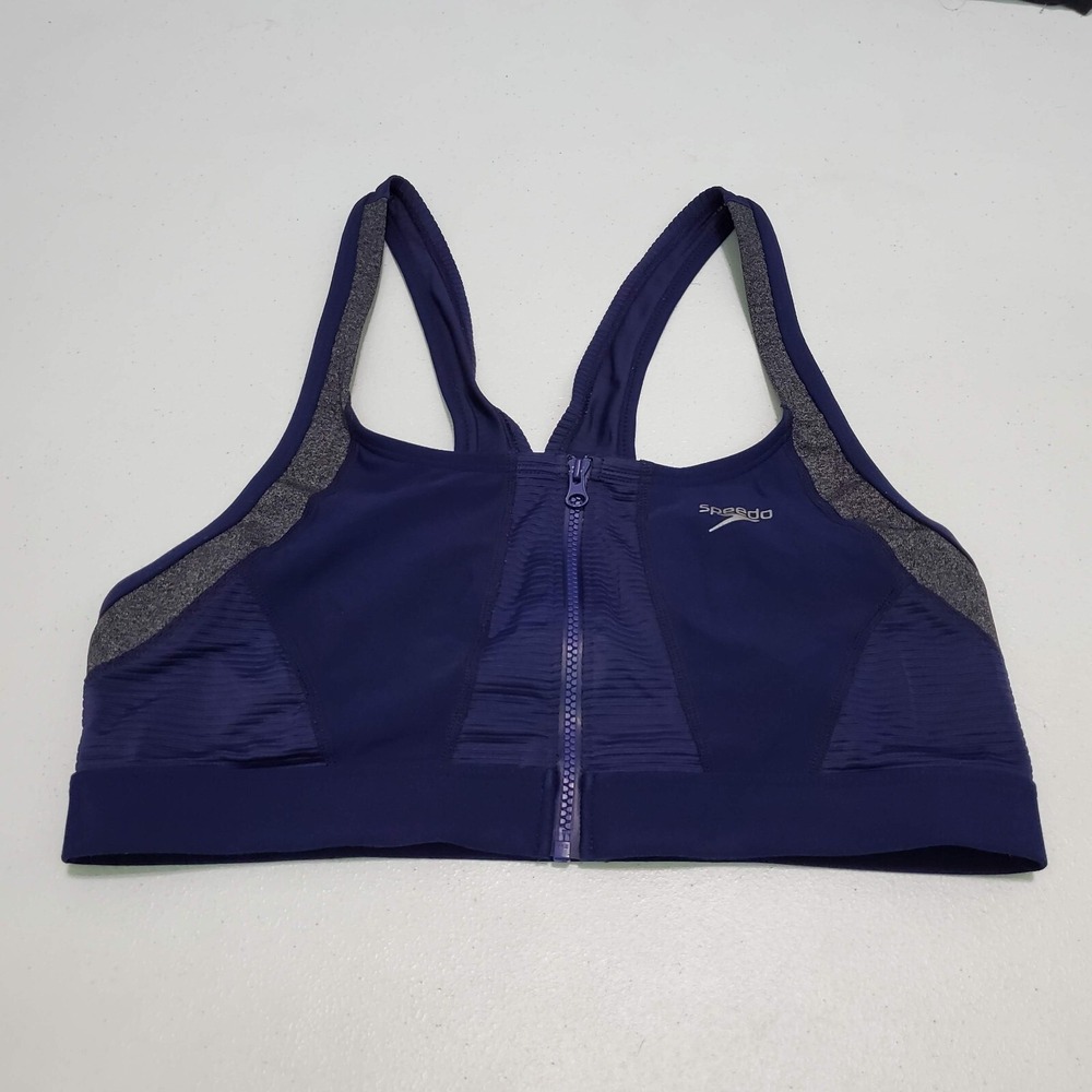 Speedo Women Sports Bra 10 Blue Endurance‎ Lite Racerback Front Zip Wireless